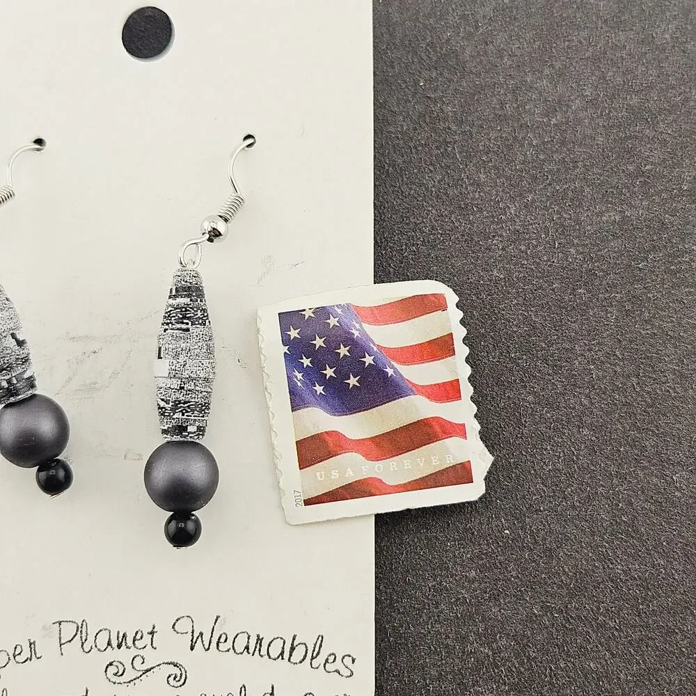 Paper Planet Wearables Recycled Paper Beaded Earrings Black Gray Swirl Artsy